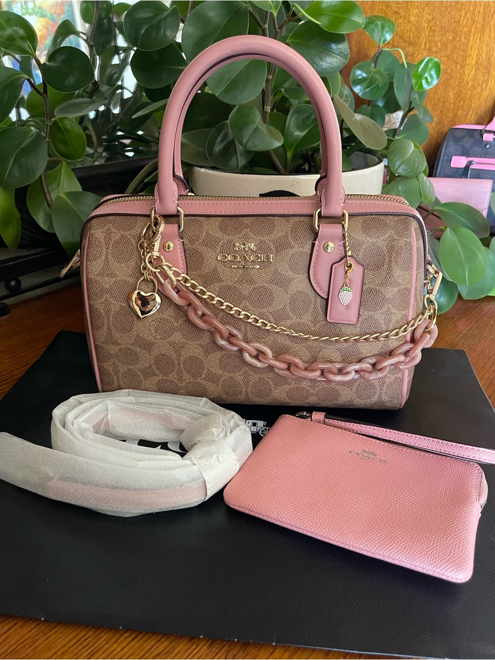 Coach Rowan Tan/Pink Signature Canvas Satchel Bag with Matching Wristlet